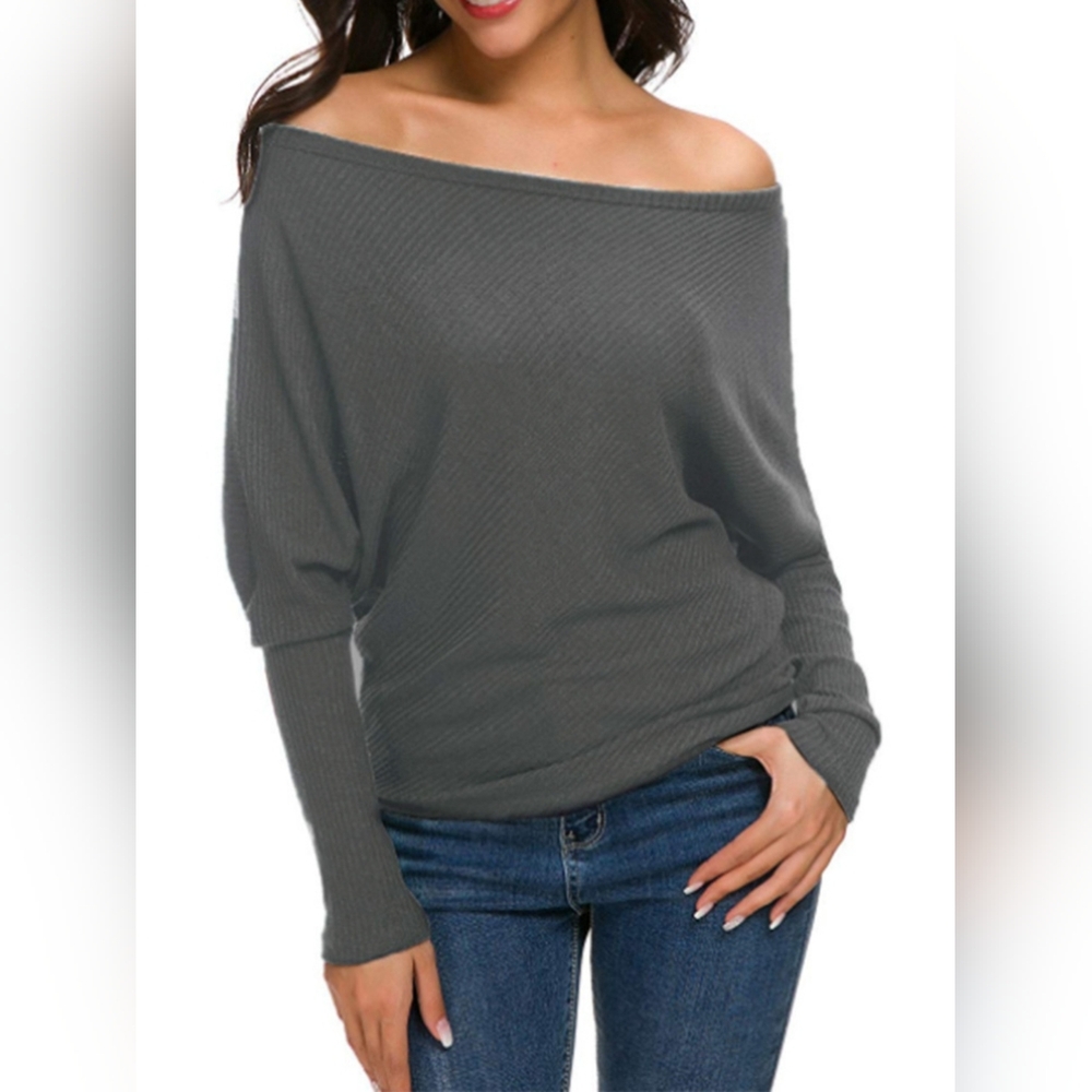 Elegant Off-Shoulder Gray Boat Neck Long Sleeve Sweatshirt